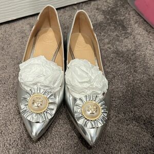 Tory Burch Metallic Silver Flats with Embellishment